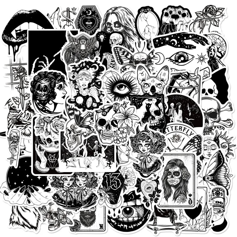 50PCS Gothic Stickers for Teens and Boys - Cool Satanic Skull Skeleton Decals for Laptop Book Luggage