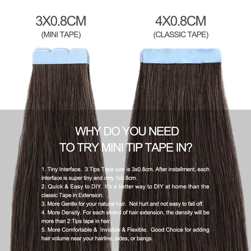 Mini Tape-In Hair Extensions 3x0.8cm Natural Human Hair Invisible Tape 10pcs Set