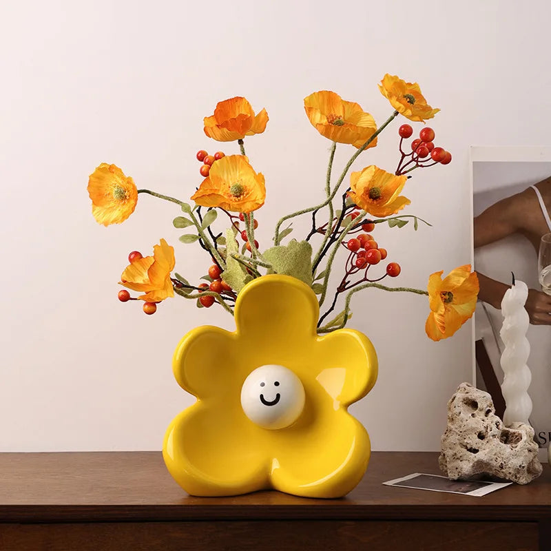 Ceramic Vase with Smiling Face - High-End Home Decor for Flower Arrangements