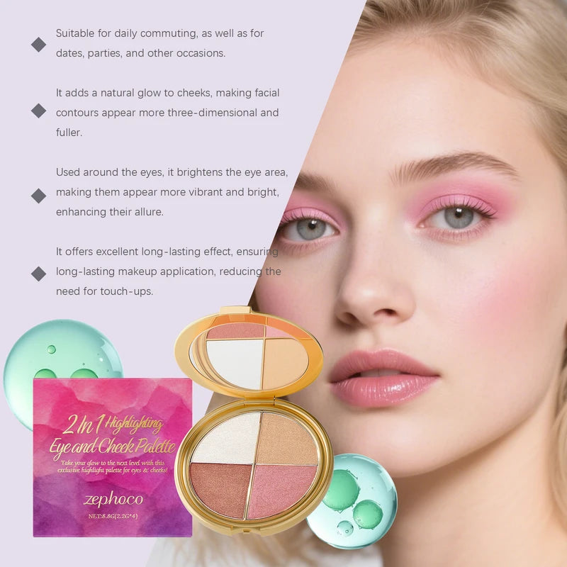 3-in-1 Multi-Function Face Palette with Highlighter, Eyeshadow & Blush - Brightening Makeup Set