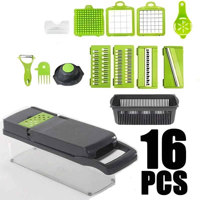 16-in-1 Handheld Vegetable Chopper with Container & Safety Guard