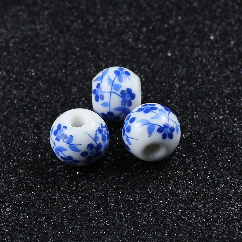 20pcs Vintage Blue and White Orchid Round Ceramic Beads for Jewelry Making
