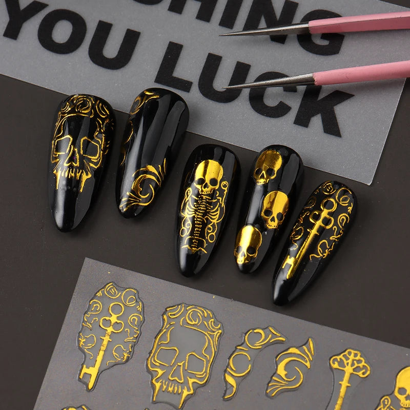 Gothic Golden Skull Nail Art Stickers Halloween Self-Adhesive Decals for Nails