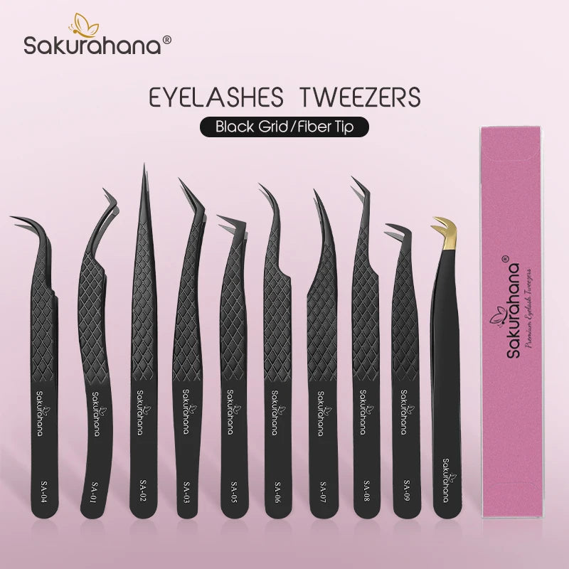 Professional Eyelash Tweezers for Lash Extensions - Black Fiber Tip Makeup Tool