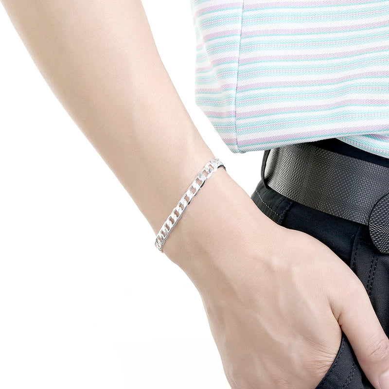 Sterling Silver 6MM Geometric Side Chain Bracelet for Men Women Jewelry Gift