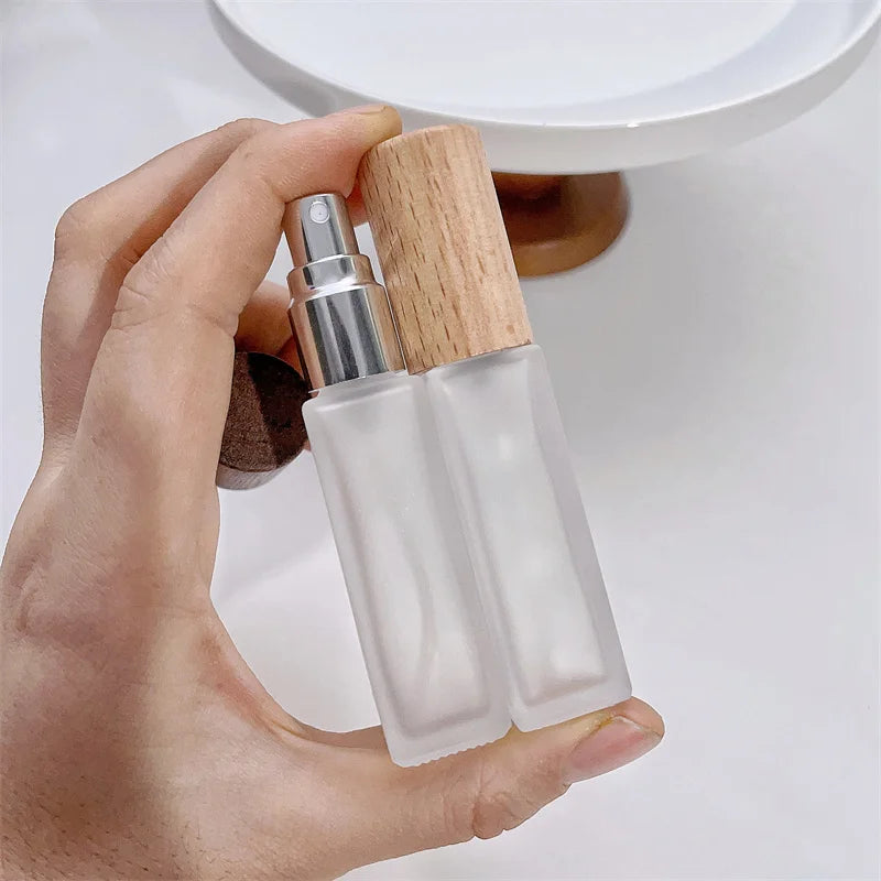 9ml Clear Frosted Glass Spray Vials with Atomizer & Wooden Cap - Travel Perfume Bottles