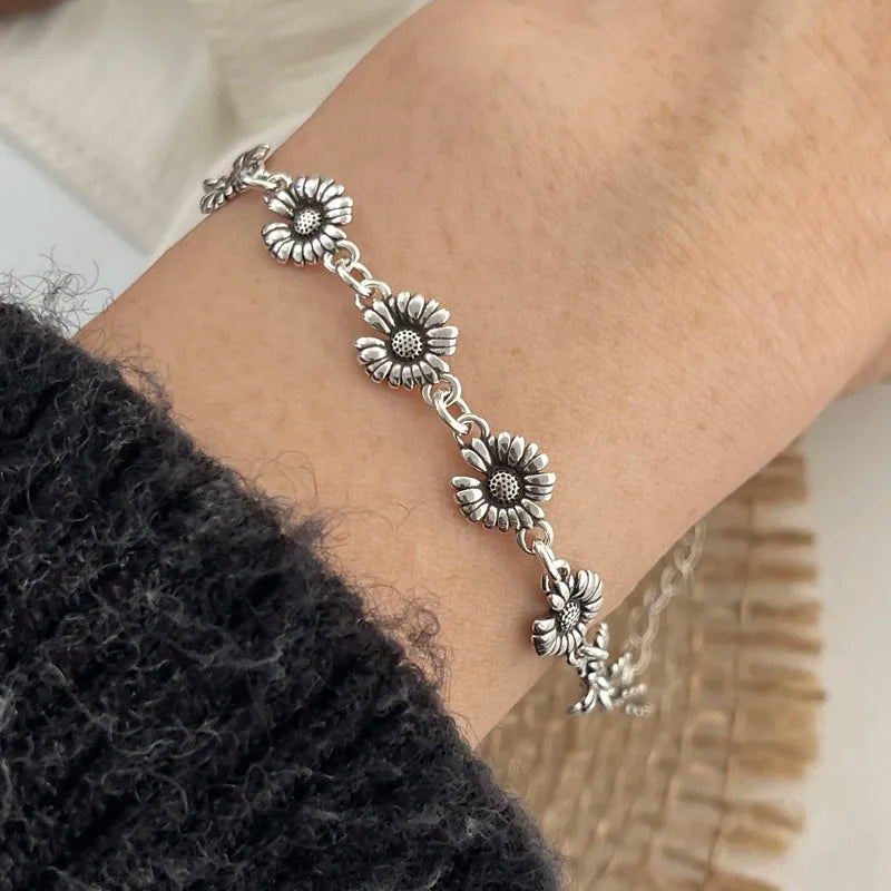 925 Sterling Silver Retro Flower Bracelet for Women & Men Handmade Vintage Jewelry Gift