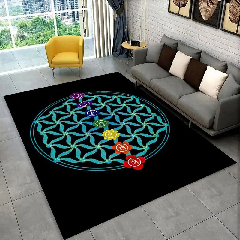 Rainbow Chakra Yoga Mandala Meditation Rug - Non-Slip Carpet for Home & Floor