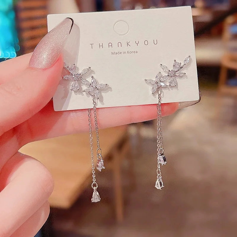 Summer Silver Plated Zircon Flower Earrings for Women - Trendy Tassel Jewelry