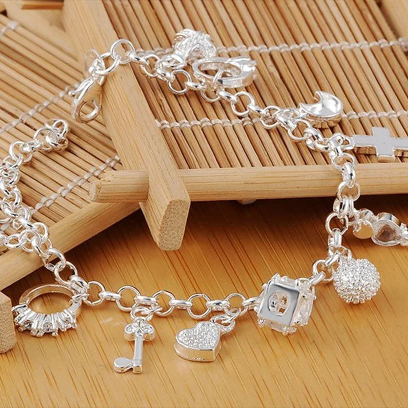925 Sterling Silver Pendant Chain Charm Bracelet for Women Teens Girls Gift Jewelry