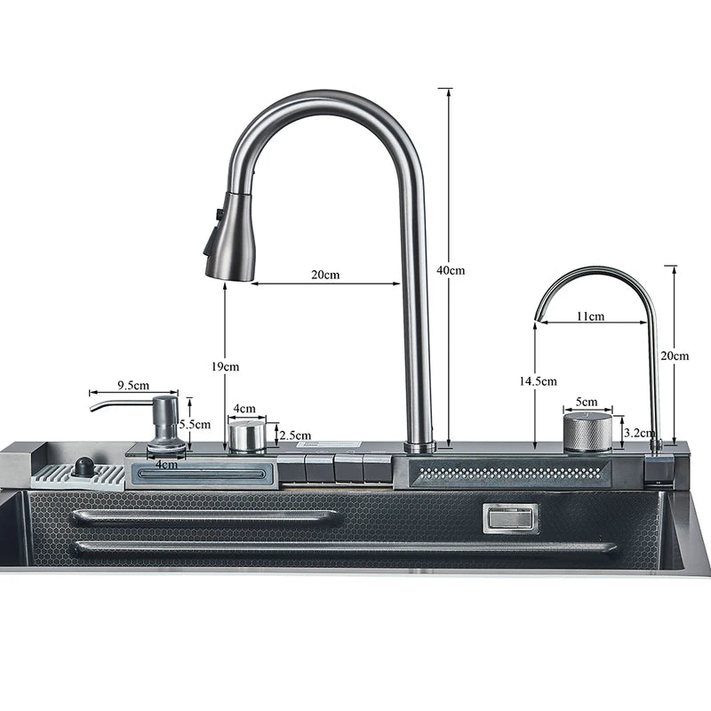 Large Stainless Steel Kitchen Sink with Digital Display and Touch Waterfall Faucet