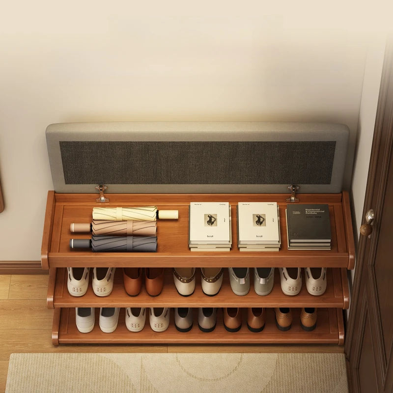 Upholstered Shoe Storage Bench with Flip Top Seat Entryway Organizer
