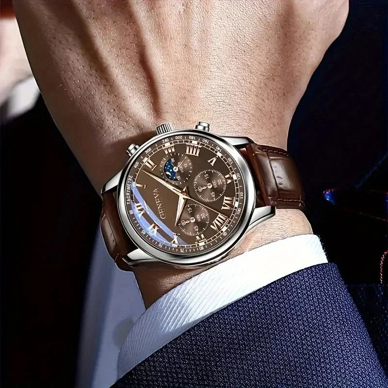 Men's Business Leather Strap Analog Quartz Wristwatch - Fashion Casual 40mm