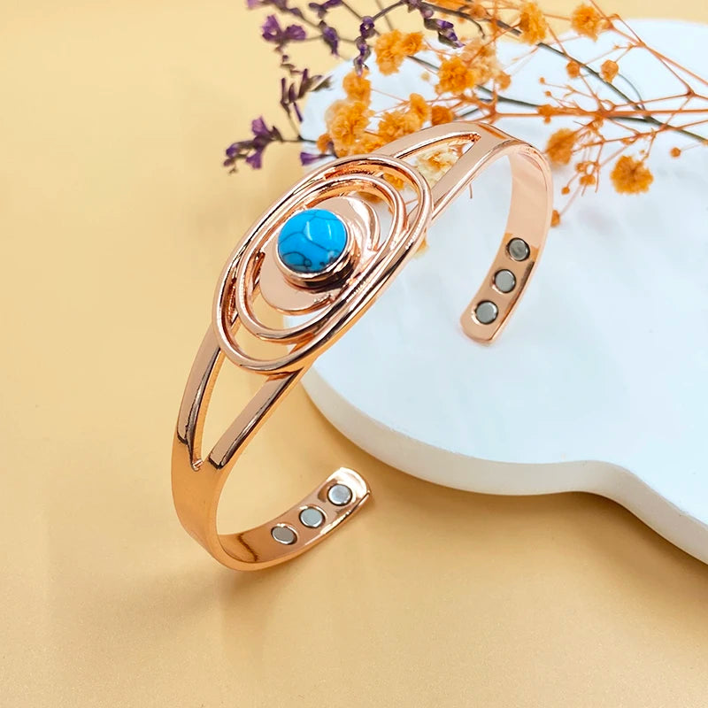 Adjustable Copper Magnetic Bracelet for Women with Turquoise Inlay - Gift Jewelry