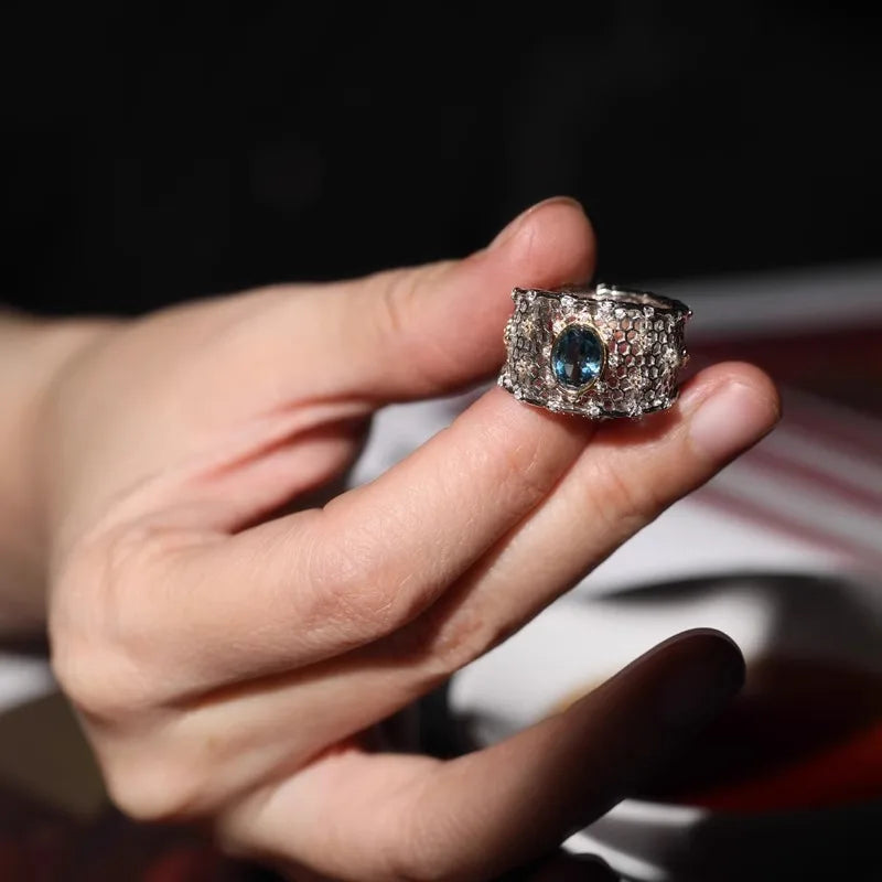 Vintage Sterling Silver Topaz Ring for Women - Gift Jewelry with Lace Hollow Design