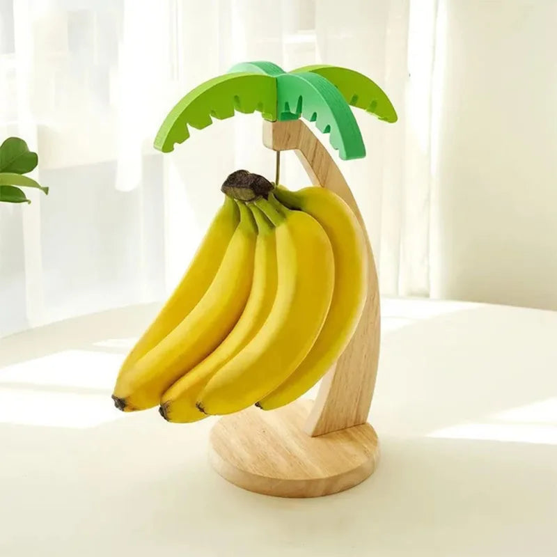 Hanging Wooden Banana Rack with Leaf Decor - Fruit Storage Shelf for Kitchen