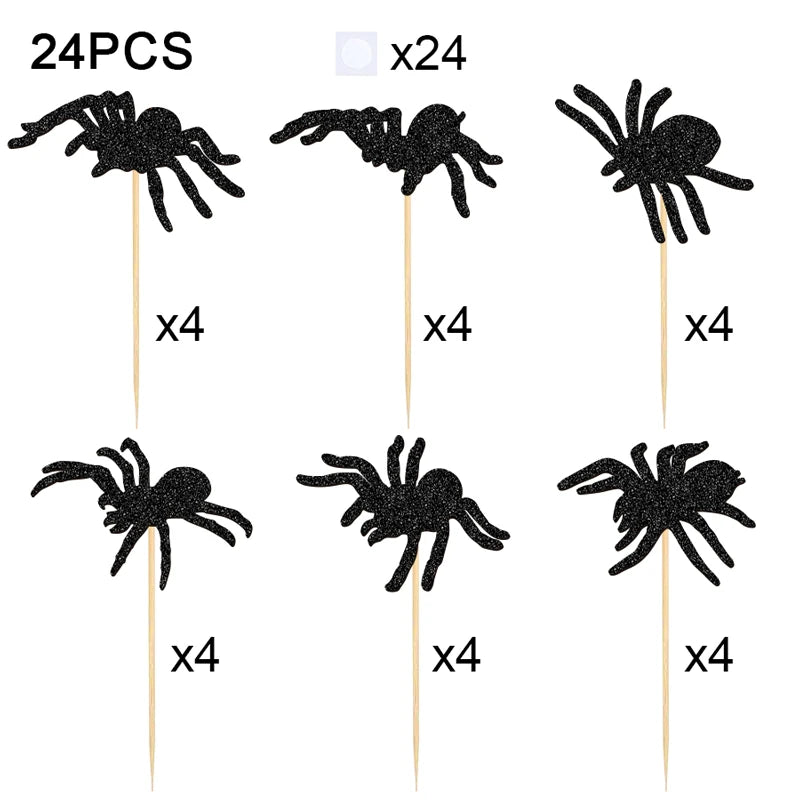 Halloween Spider Cupcake Decorations Set - 24 Glitter Toppers for Party Cakes