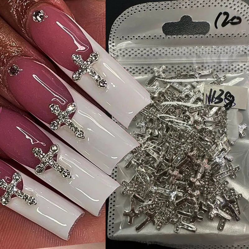 10Pcs Glitter Cross Nail Charms - Silver & Gold 3D Nail Art Decorations