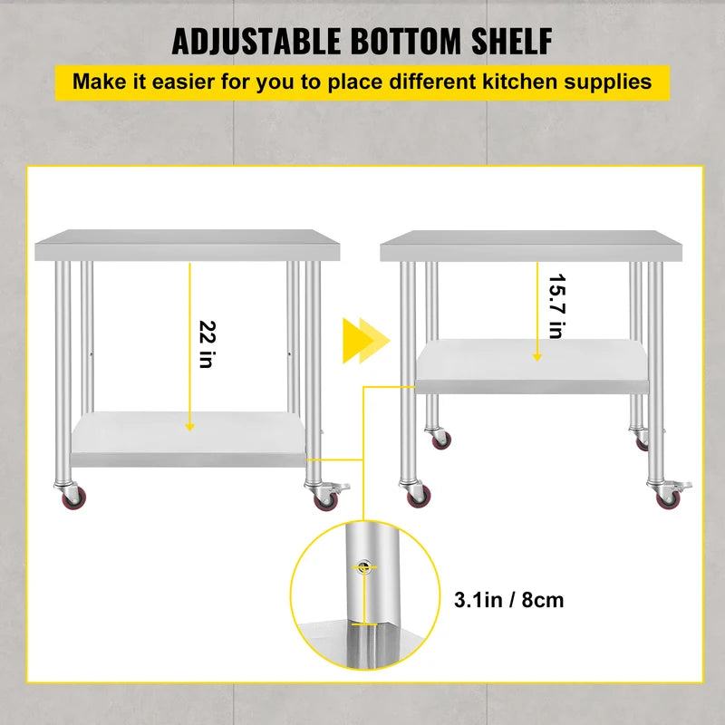 Stainless Steel Kitchen Prep Table with Casters & Backsplash, Load Capacity 100-300KG