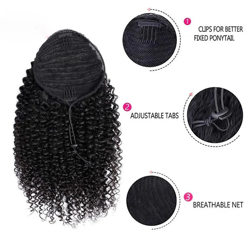 Long Afro Kinky Curly Drawstring Ponytail Human Hair Extensions for Black Women