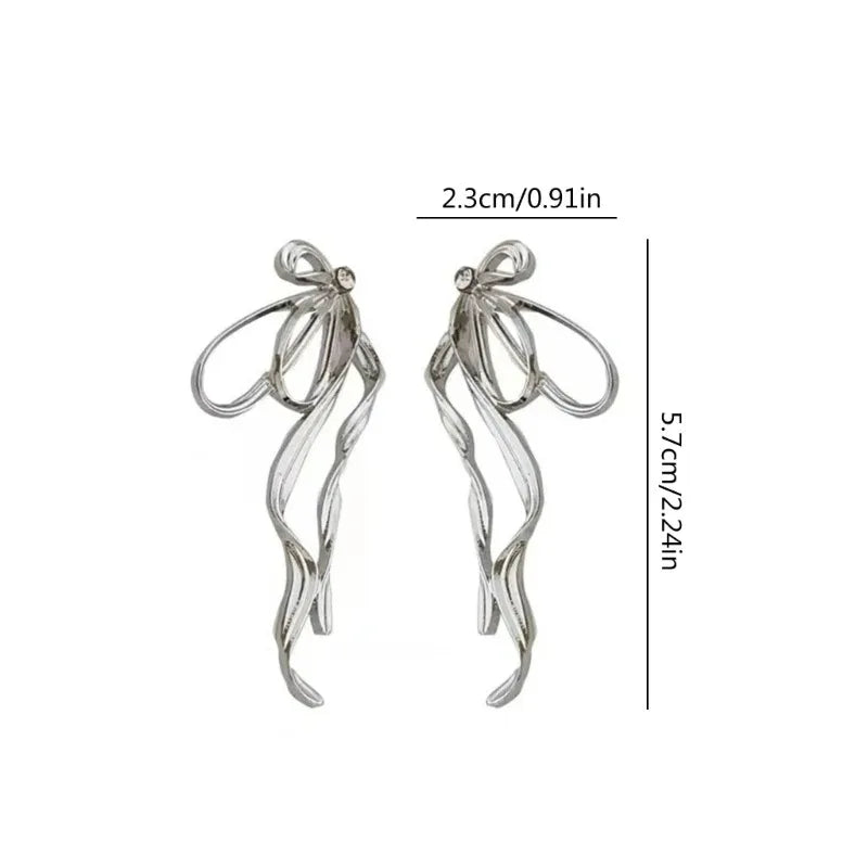 Korean Irregular Bowknot Drop Earrings - Silver Color Metal Line Big Long Jewelry for Women