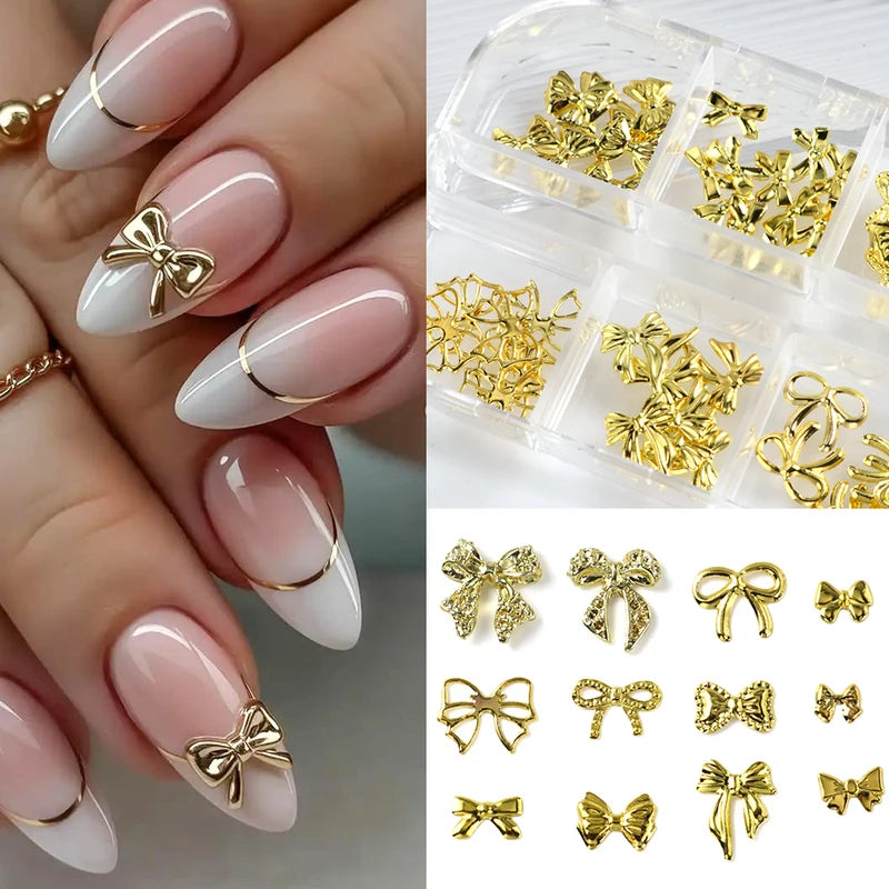 Golden Bow Nail Art Charms Set - 12 Alloy Nail Jewelry Decorations
