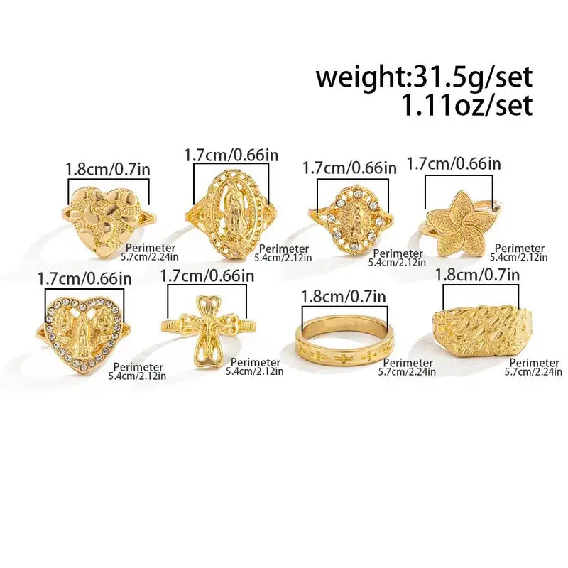 8-Piece Gold Cross Virgin Mary Open Ring Set Women’s Jewelry with Heart Inlaid Diamond Charm