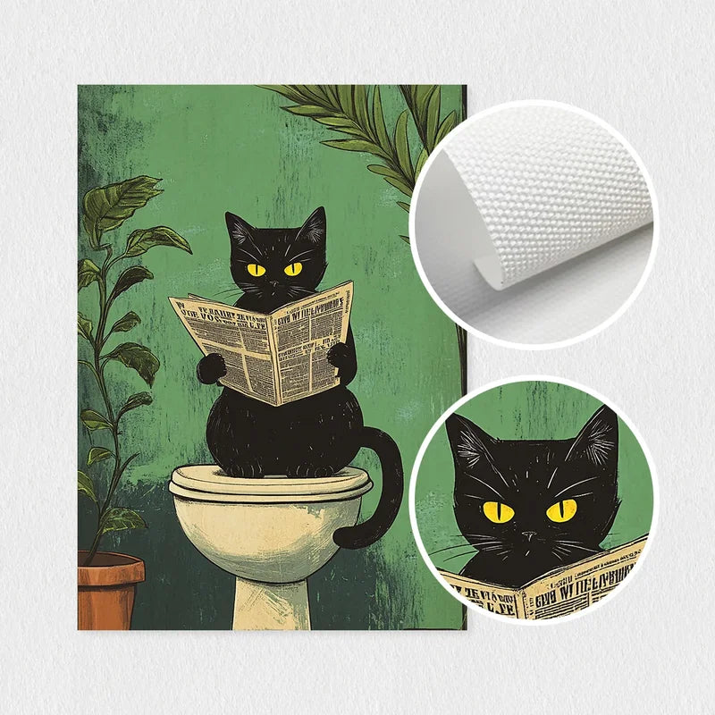 Funny Black Cat Bathroom Wall Art Canvas Poster - Animal Toilet Decor for Living Room Bedroom Home