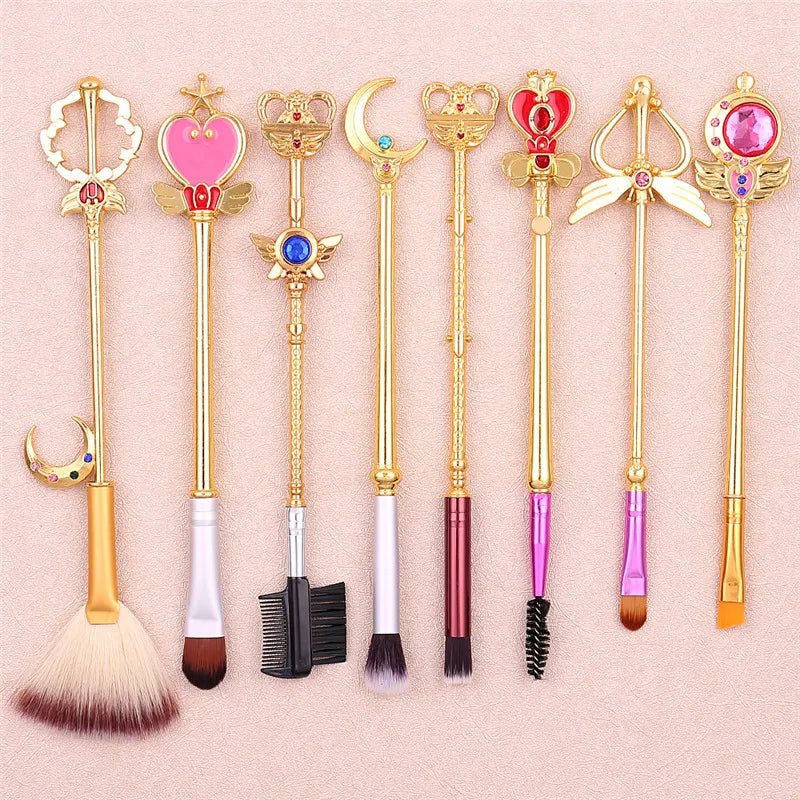 Anime Sailor Moon Makeup Brush Set with Cartoon Magic Wand Design - 8 Pieces