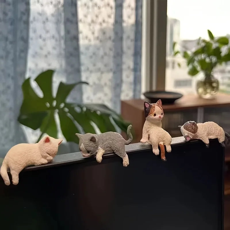 Set of 5 Cute Healing Cat Monitor Decorations - Kawaii Screen Edge Figurines for Office Desk, Anti-Loneliness Companion