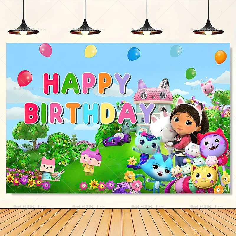 Cartoon Gabby Dollhouse Photo Backdrop for Birthday Party & Baby Shower Decor