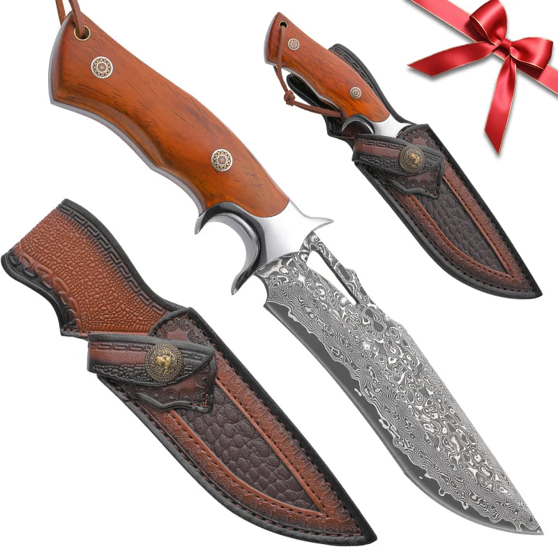 Damascus Fixed Blade Knife with Wooden Handle and Leather Scabbard - Easy Carry, Fast Cutting