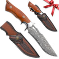Damascus Fixed Blade Knife with Wooden Handle and Leather Scabbard - Easy Carry, Fast Cutting
