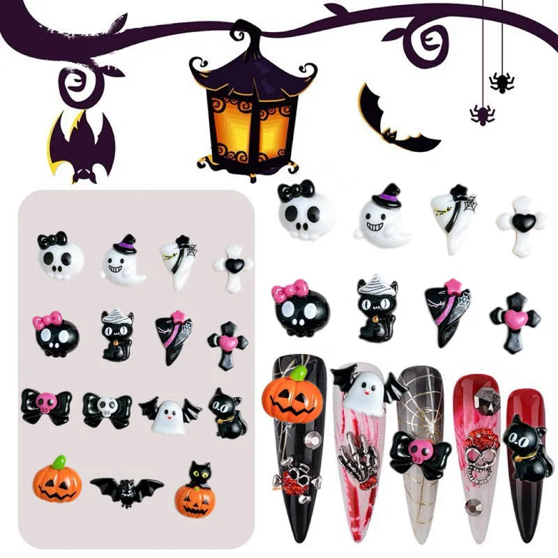 Halloween Nail Art Resin Charms Mix - Ghost, Pumpkin, Cartoon Nail Decor for DIY Nails