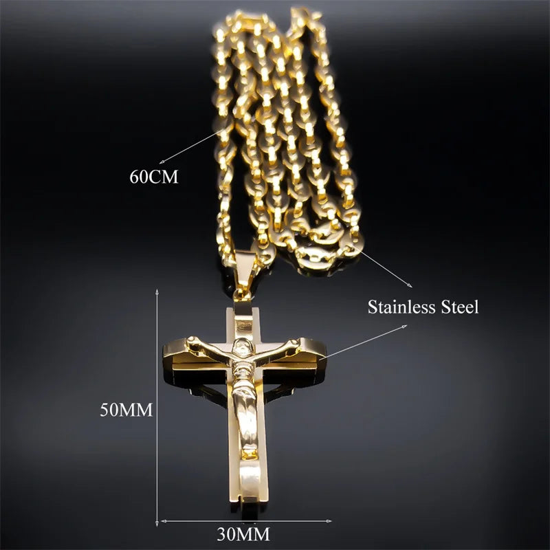 Christian Jesus Cross Pendant Necklace for Men Women Stainless Steel Gold Chain