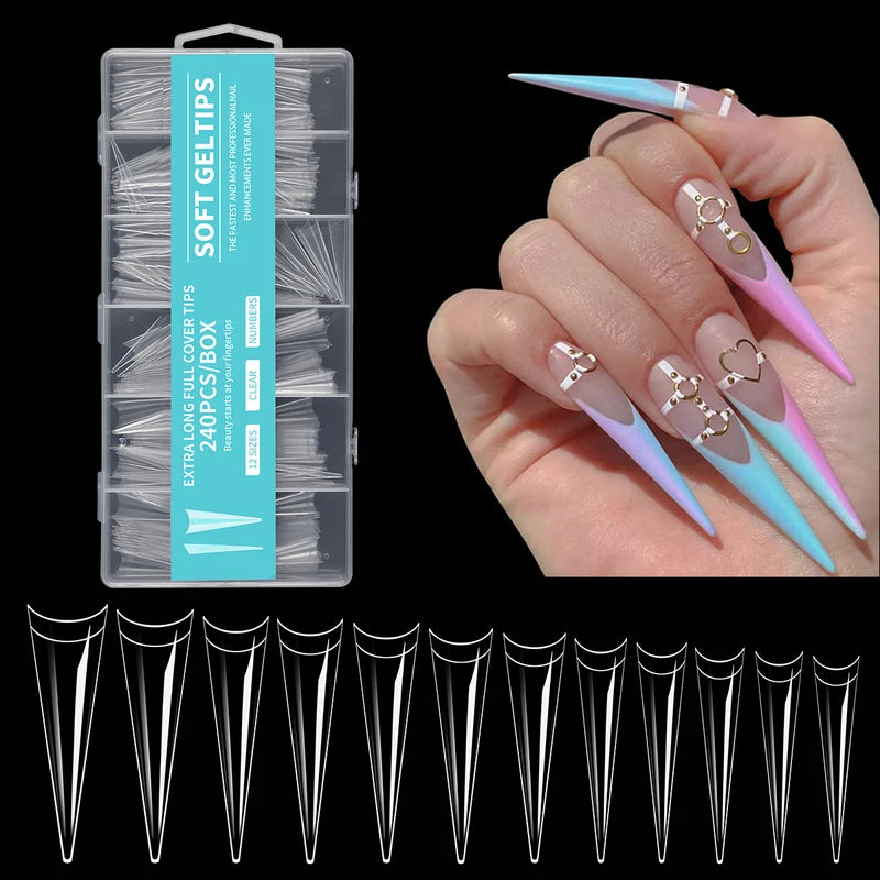 240pcs XXL Stiletto False Nails Set French Half Cover Gel Tips Manicure Supplies