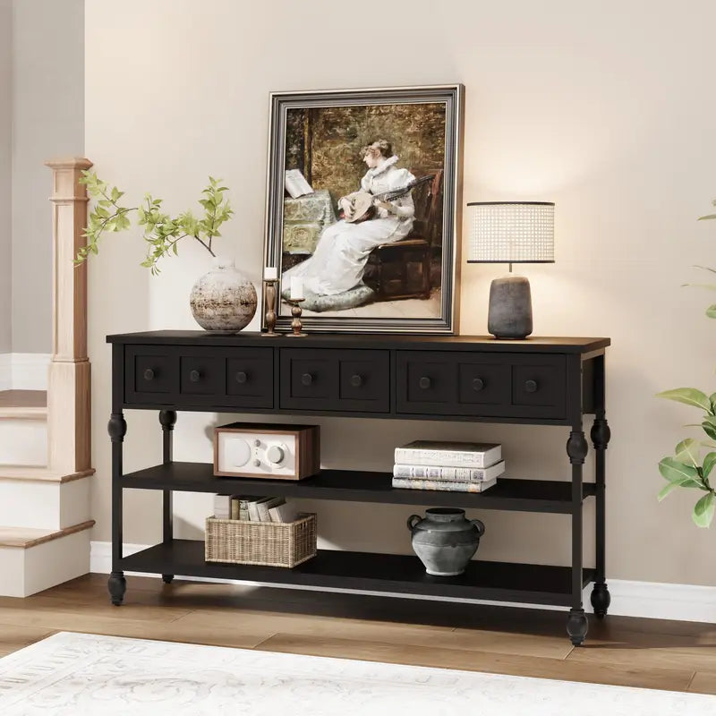 52-Inch Narrow Console Table with 3 Drawers & 2 Shelves - Farmhouse Industrial Entryway Sofa Table