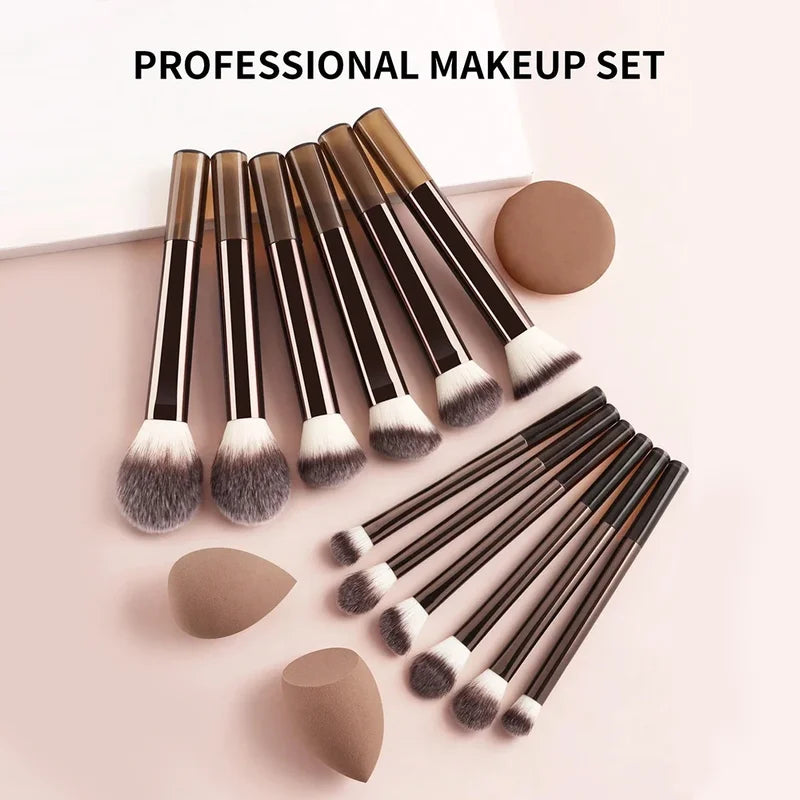 12-Piece Professional Makeup Brush Set with Sponges & Puff - Travel Friendly