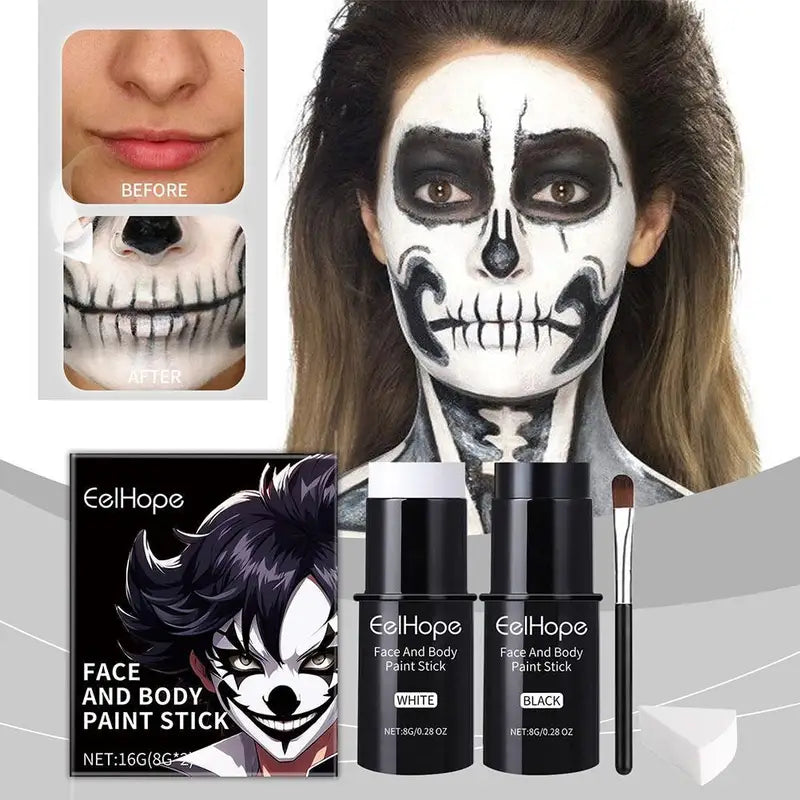 Face Body Paint Kit Black White Waterproof Long Lasting Halloween Makeup Set