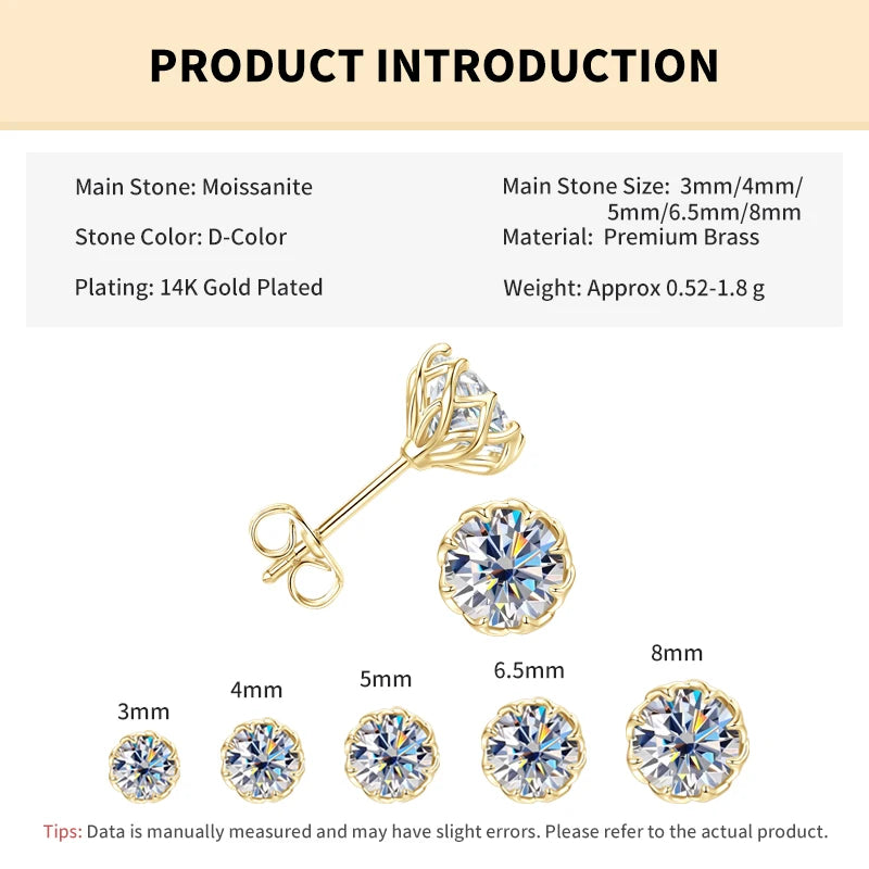 Moissanite Stud Earrings 0.1-2CT Round Cut Jewelry for Men Women