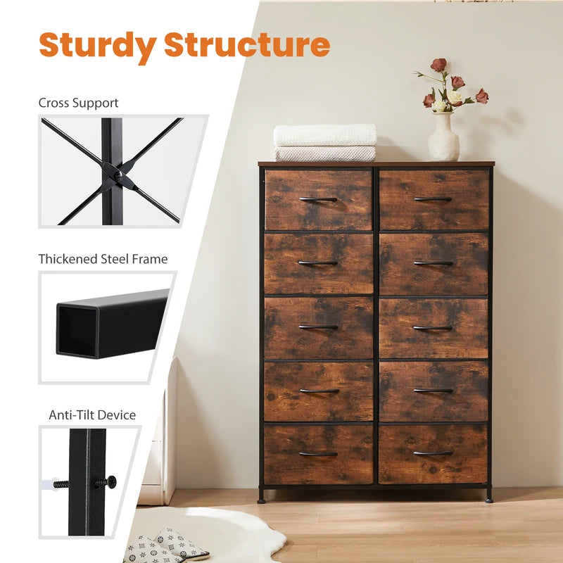 10-Drawer Fabric Bedside Storage Cabinet with Steel Frame for Bedroom and Living Room
