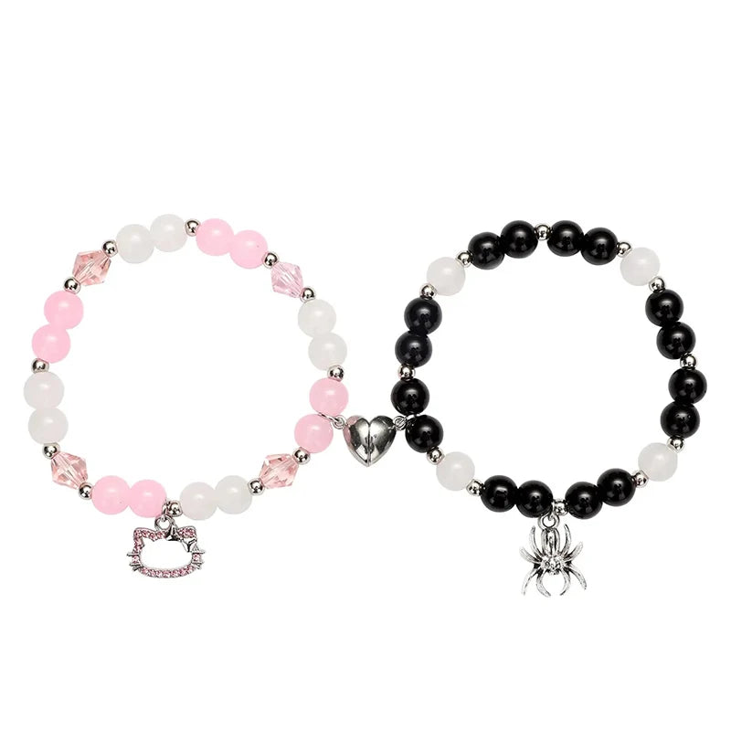 2 Pack Beaded Cat Charm Bracelets for Best Friend Multi Color Heart & Spider Design