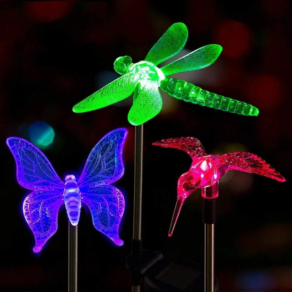 Solar Garden Stake Lights 3 Pack - Butterfly, Hummingbird & Dragonfly Outdoor Decor