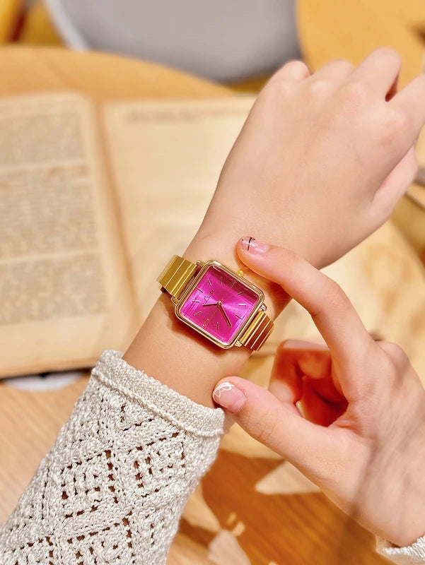 Women’s Retro Gold, Silver & Pink Quartz Watch with Stainless Steel Strap - Waterproof Casual Elegant Square Dial