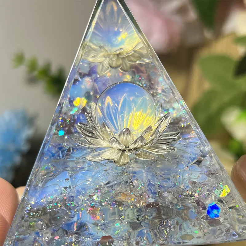 Decorative White Lotus Flower Opal Pyramid for Home Interior Energy & Decor
