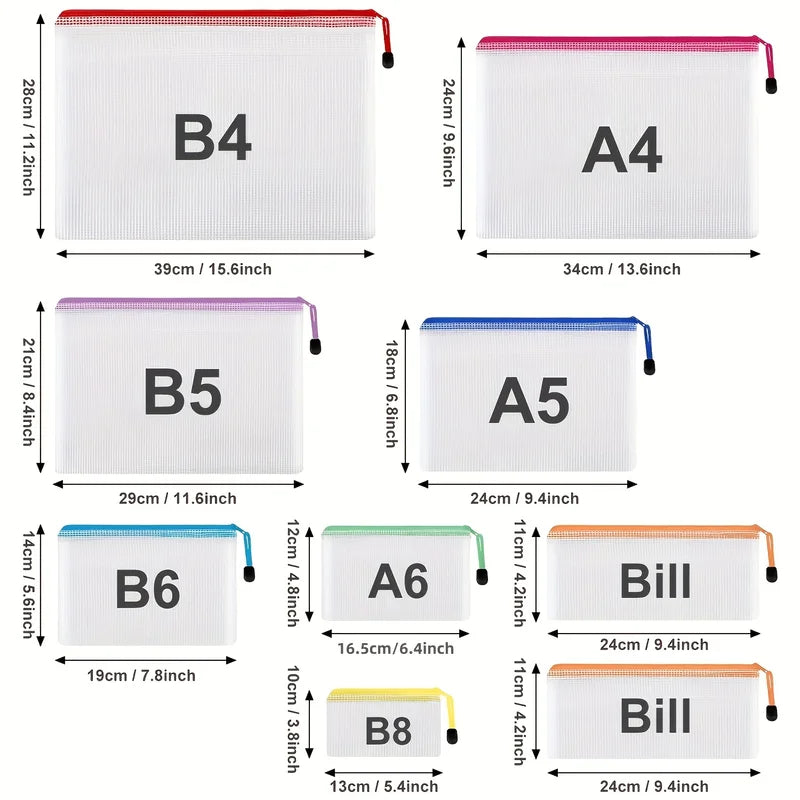 16PCS Waterproof Mesh Zipper Bags Travel Document Organizer Office Supplies