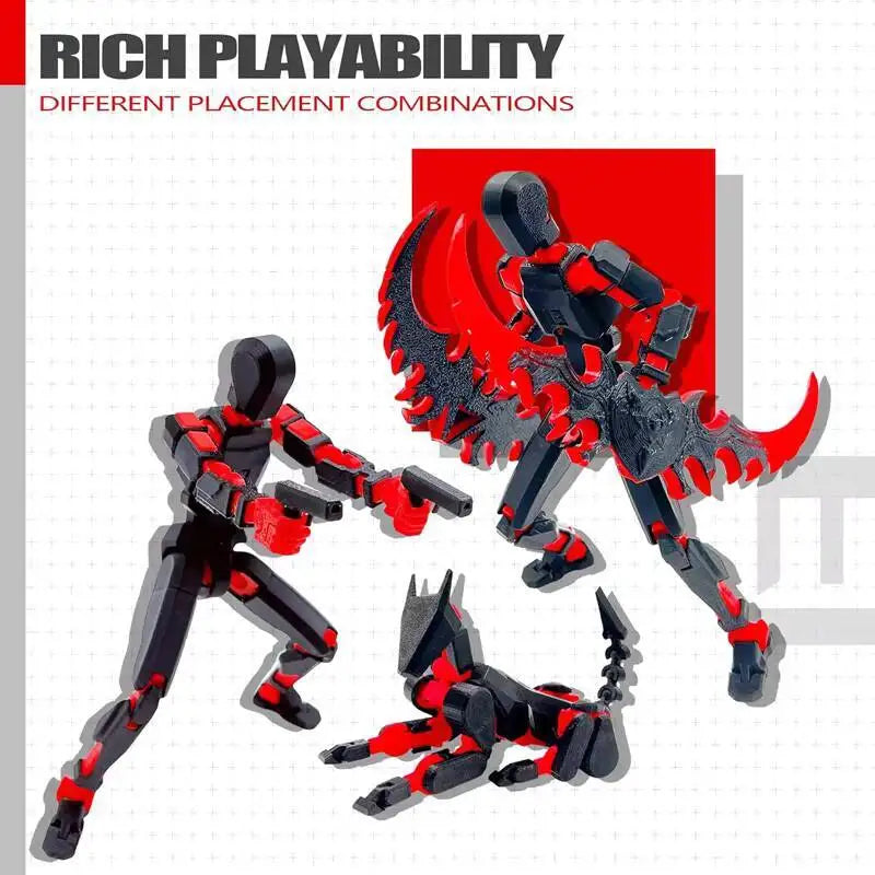 3D Printed Action Figure Set - Multi-Jointed Robot Toys, Black and Red
