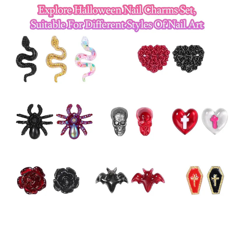 50pcs Halloween Nail Art Charms Resin Multi Shapes Spider Skull Ghost Acrylic Decorations