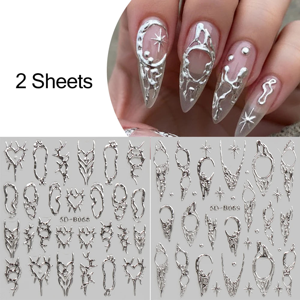 Vintage Thorns Y2K Nail Art Stickers - 5D Embossed Gold Silver Moon Star Decals