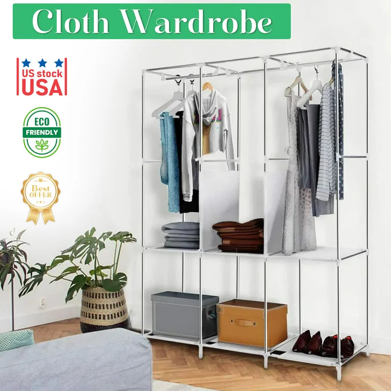 Portable Closet Organizer Storage Rack with 3 Hanging Bars and 6 Compartments